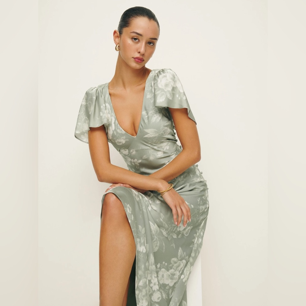 Reformation Sage Green Floral Midi Dress